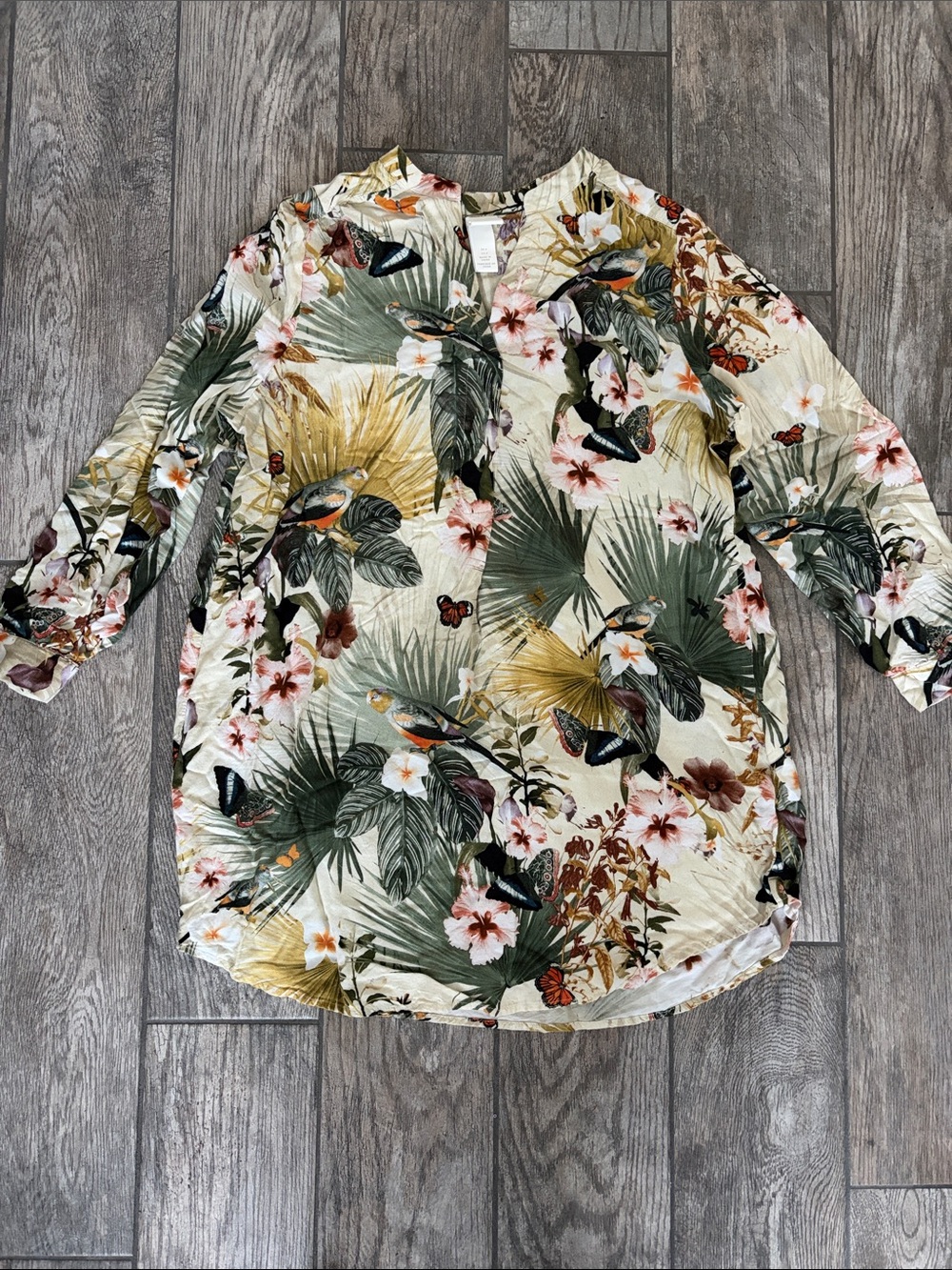 H & M‎ Women Tropical Bird Butterfly Floral Viscose Tunic Dress Cream Green Sz 4